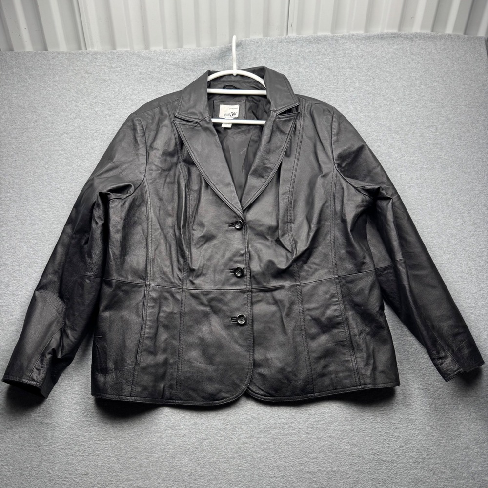 East 5th Womens 2X Black Genuine Leather Blazer Jacket Button Front RN93677